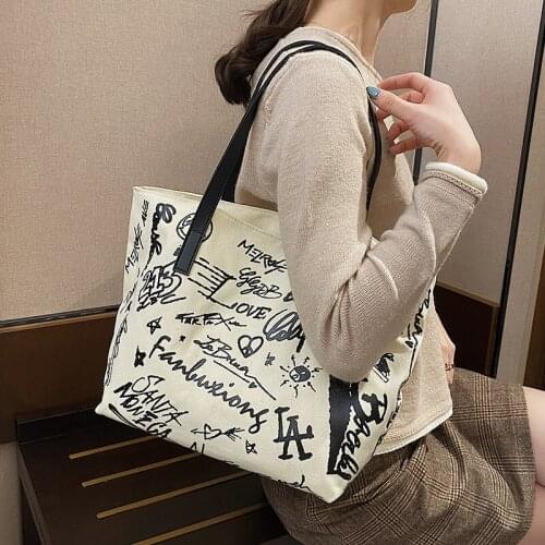 Fashion simple graffiti lines all-match shoulder bag canvas bags green shopping Large-capacity handbag