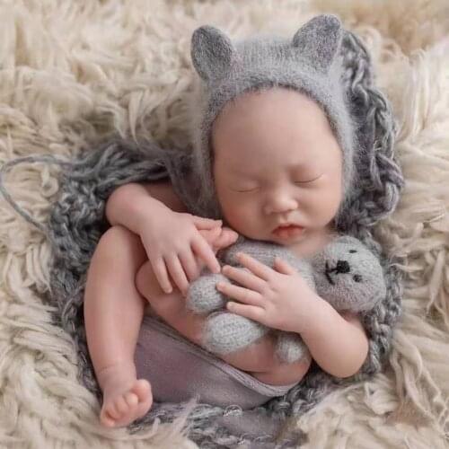 Newborn Knit Teddy Bear Hat Toy Set Photography Prop Angola Fluffy Animal Stuffer and Bonnet Photo Shoot