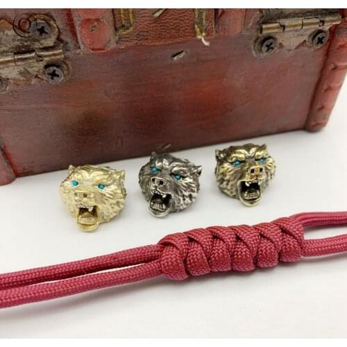 Paracord Rope Beads Pendant Brass Blue Eyes Bear Head Car Keychain Hanging Jewelry DIY Knife Bead Accessories EDC Outdoor Tool