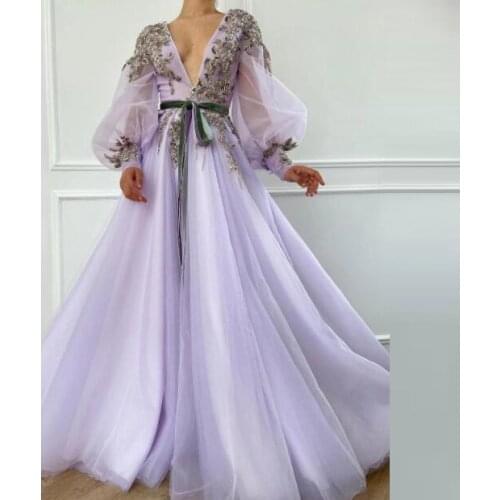 Sexy V Neck Prom Dresses Long Appliques A-Line Evening With Puff Sleeves Vestido Elegant Party Gown Robe De Soiree Custom Made