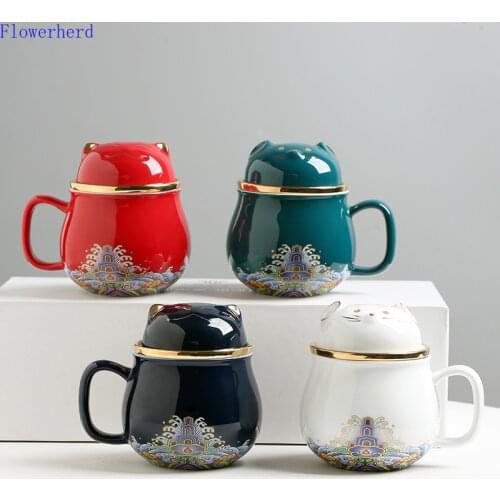 Portable Ceramic Office Cup with Filter Travel Coffee Cup Tea Cup Festival Gift Lovely Cat Coffee Cup Tableware Cute Cups