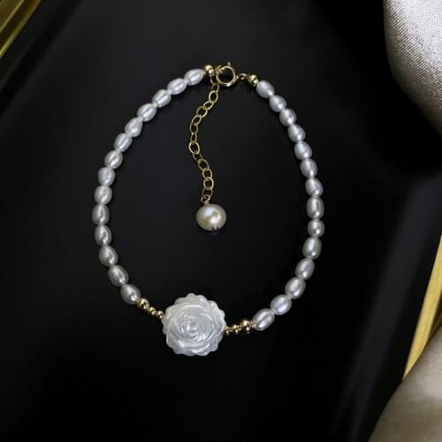 Handmade Natural Freshwater Rice Pearl 925 Silver Hand Carved Shell Rose Ladies Bracelet Jewelry For Women Wedding Birthday Gift