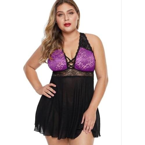 Sexy Erotic Lingerie Women Lace Hollow-out Halter Night Dress Plus Size Pijama Sleepwear See Through Underwear Night Gown 6XL