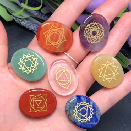 Seven Chakra Engraved Holistic Balancing Polished Reiki Healing Solids Crystal Mens Chakra Symbols Tumbled Palm Stone Sets Kit