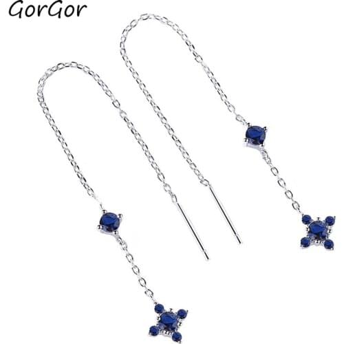 GorGor Drop Earrings Women 925 Sterling Pattern Long Tassel Mosaic Blue Zircon Exquisite Temperament Fashion Jewelry E1479