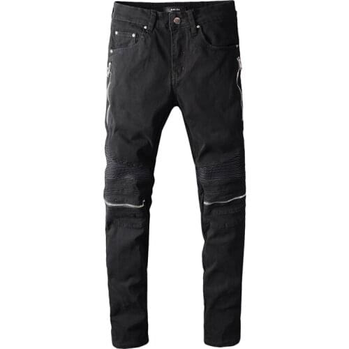 SEVEYFAN 2021 Mens Fashion Skinny Biker Jeans Black Zippers Patchwork Denim Pants for Male