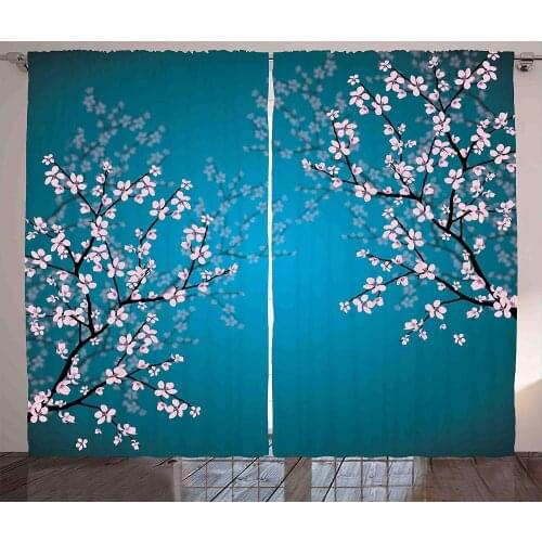 Japanese Flowers Curtains Cherry Blossom Art on Teal Satin Fabric Drapes for Living Room Bedroom 2 Panel Window Set