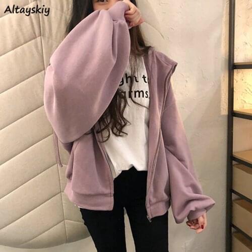 With Hat Hoodies Women Basic Purple Simple Hooded All-match Daily Teens Outerwear Lovely BF Style Zip-up Autumn Femme Sweatshirt