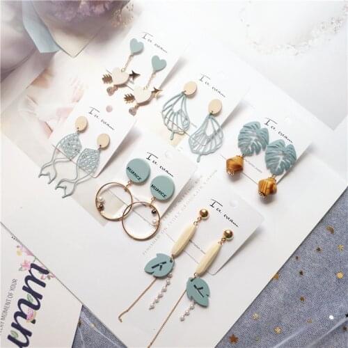 Women Girl Dangle Drop Earrings Korean Long Heart Leaf Geometric Blue 2019 Design Wood Fashion Jewelry Accessoreis Gift-JQC