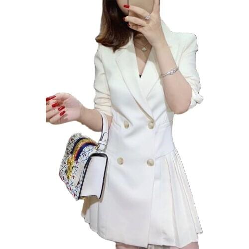 High-quality French double-breasted suit dress womens 2021 autumn hot sale waist pleated slimming professional suit skirt