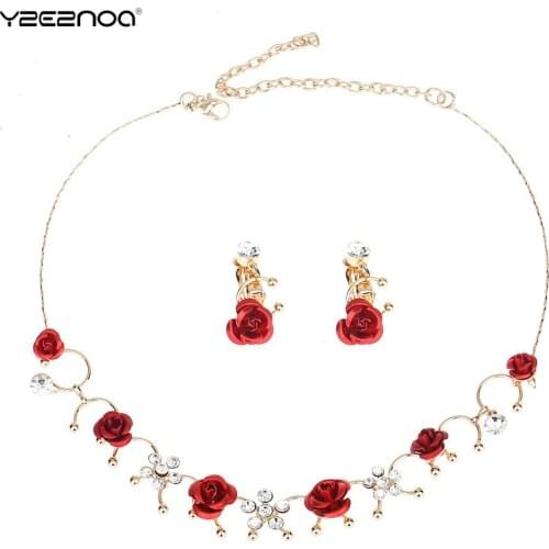 1 Pair Ear Clip+1 Necklace Red Flower Casual Dress Accessory Fashion Alloy Ear Clip Neckless Jewelry Set Women Elegant