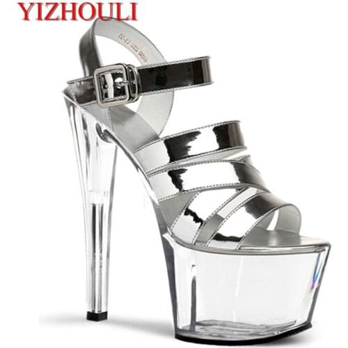 Womens sexy party transparent platform 17 cm heel high summer show, dancing shoes