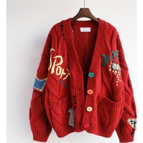 Women Cardigan Warm Knitted Sweater Jacket Pocket Embroidery Fashion Knit Cardigans Coat Lady Loose Sweaters 2021 Autumn Winter