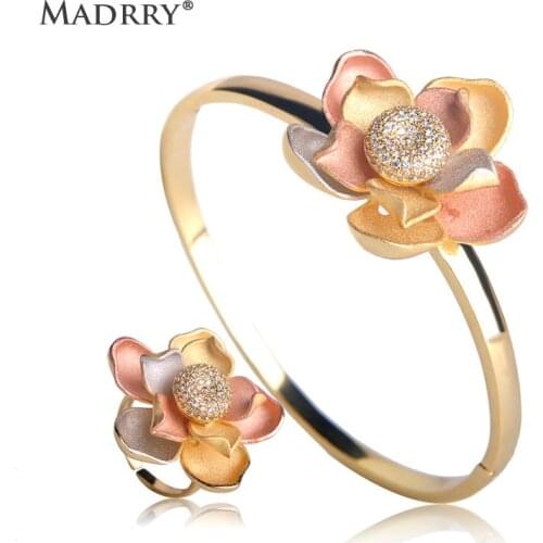 Madrry Cute Flower Shape Jewelry Sets Bracelet Bangles Rings Set for Women 3 tones High Quality Brass Cubic Zirconia Accessories