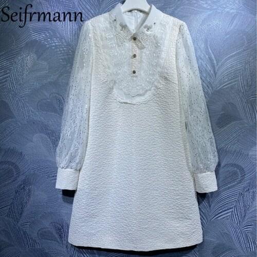 Seifrmann New 2021 Autumn Women Fashion Designer Party Mini Dress Lantern Sleeve Sequined Lace Elegant A-Line Dresses Vestidos
