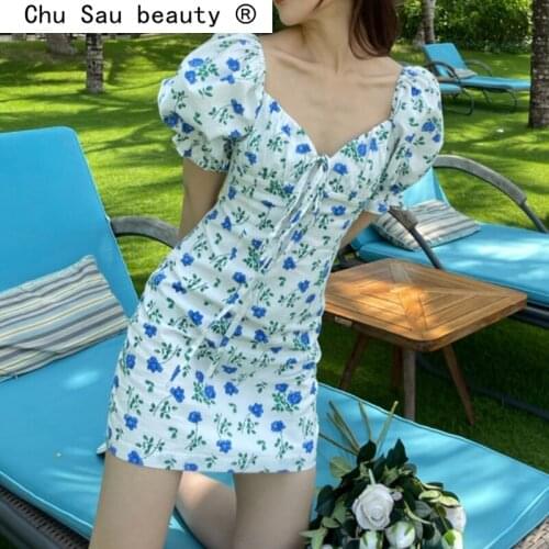 New Fashion Sweet Chic Floral Printed Mini Dress Women Holiday Style V-neck Puff Sleeve Dresses Female Vestido De Moda