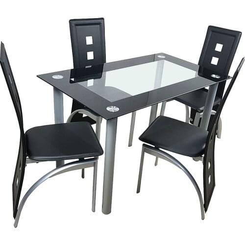110cm Dining Table Set Tempered Glass Dining Table with 4pcs Chairs Transparent & Black Dining Table Dining Chair