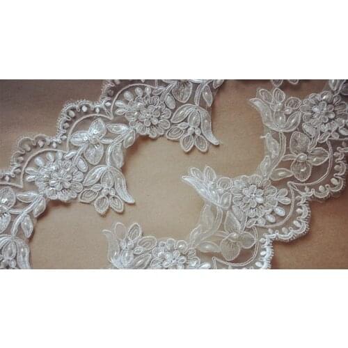 5 Yards Scallop Alencon Lace Trim In Ivory With Beaded For Bridal Gown, Wedding Veil New Fashion