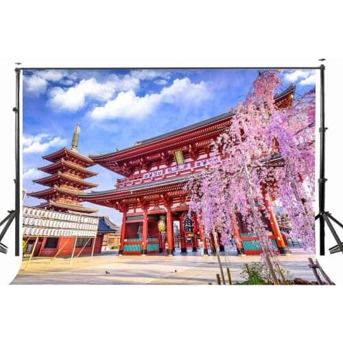 7x5ft Japanese Architecture Backdrop Romantic Cherry Photography Background Photo Shooting Props