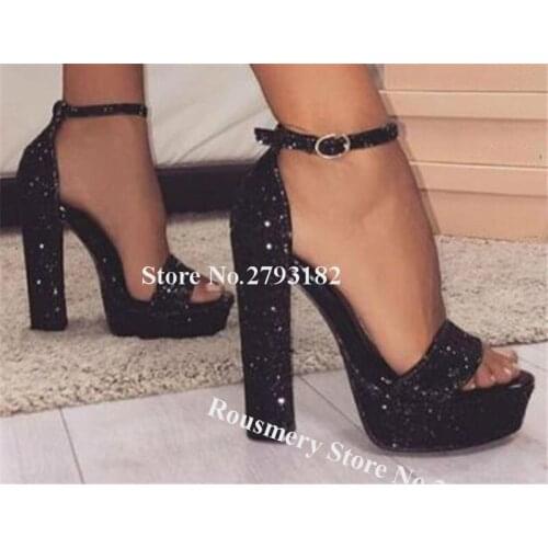 Bling Bling Shining Open Toe High Platform Chunky Heel Sequined Sandals Black Glitters Ankle Strap Thick HIgh Heel Sandals Heels