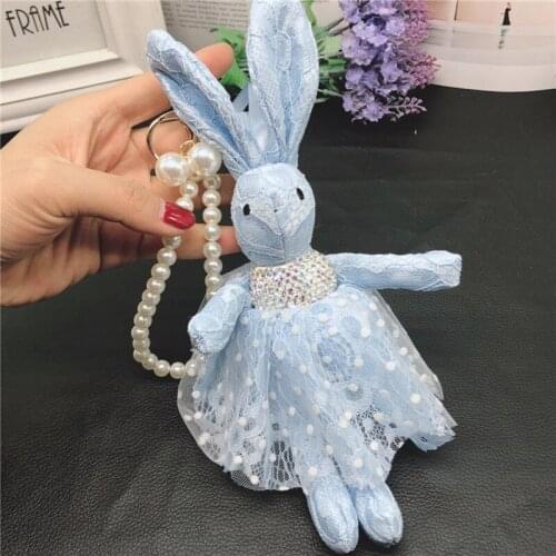 Fashion Lovely Rabbit Lace Dress Bowknot Crystals Fur Pom Pom Keychain Artificial Pearls Embellishment Key Ring 22CM