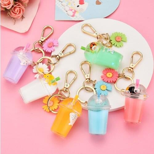 Acrylic Milk Bottle Key Chains Simulation Animal keychain Moving Liquid Quicksand Bag Pendant Keychain Valentines Day Gifts