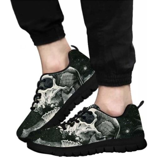 ELVISWORDS The New Male Shoes Cool Skull Partten Casual Shoes Print on Demand Men Non-slip Breathable Sneakers Black Lace-up