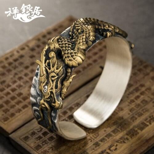 Pure silver hand carved Xiangyun dragon pattern national style 999 Sterling Silver Mens pure silver bracelet arm ring