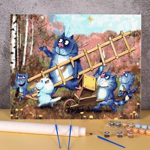 Cartoon Blue White Cat DIY Paint By Numbers Package Acrylic Paints 40*50 Canvas Pictures Paintings For Adults Art
