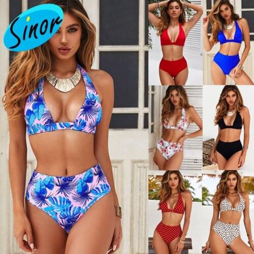 New Style Printed High Waist Split Bikini European and American Independent Station Wish Swimsuit