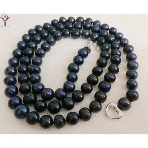 50'' 127cm Women Jewelry necklace 8x9mm black pearl handmade necklace love heart clasp natural freshwater pearl
