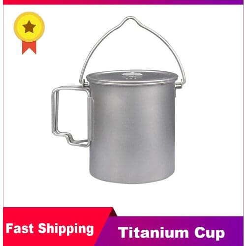 Camping Titanium Cup Ultralight Portable Hanging Pot with Lid and Foldable Handle Outdoor Camping Hiking Cookware Tableware