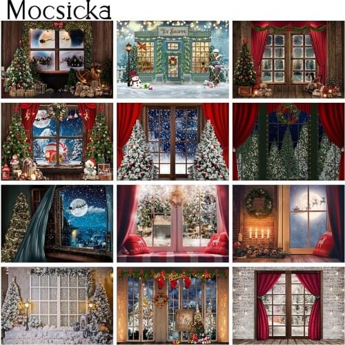 Christmas Window Backdrop Winter Snow Wonderland Birthday Portrait Background Curtain Wreath Christmas Tree Photography Props