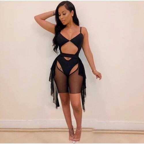 2021 Sexy Mesh Sheer Two Piece Set Spaghetti Strap Bodycon Bodysuit Hollow Biker Shorts Summer Outfits Clubwear Matching Sets