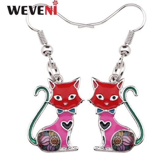WEVENI Enamel Alloy Novelty Kitten Cat Earrings Big Long Dangle Drop Fashion Animal Jewelry For Girls Women Ladies 2018 News Pet