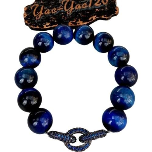 Y·YING 14mm Round Blue Tiger Eye cubic zirconia pave loop Chain Connector Stretch Bracelet For Women Men
