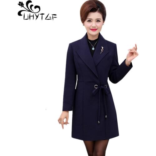 UHYTGF XL-5XL Plus size tops Jacket womens Fashion long spring autumn windbreaker outerwear Temperament elegant female coat 1217