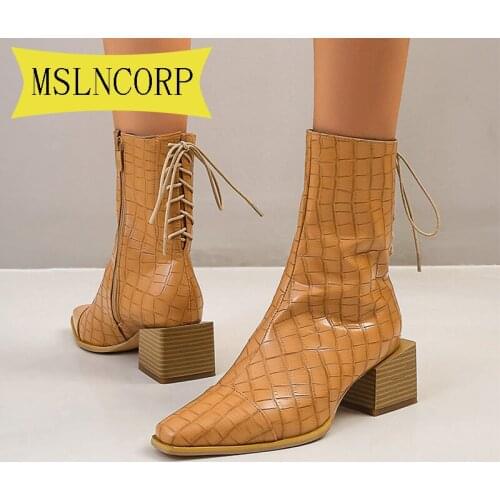 Plus Size 34-48 Lace-Up Boots Female New Autumn British Wind Leather Square Heels with Short Boots Motorcycle Boots Women Shoes