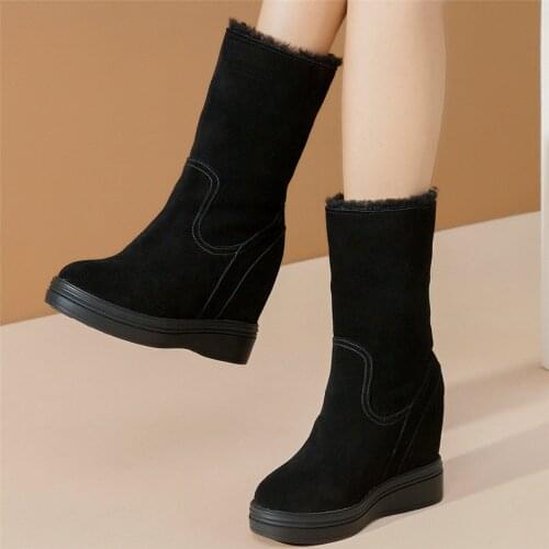 High Top Creepers Women Genuine Leather Hidden Wedges High Heel Snow Boots Female Winter Warm Round Toe Pumps Shoes Casual Shoes