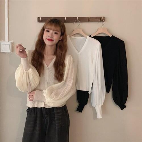 Women Tops V-neck Lantern Sleeve Chiffon Stitching Spring Autumn Korean Temperament Cardigan Top Blouse Casual Long Sleeve Shirt