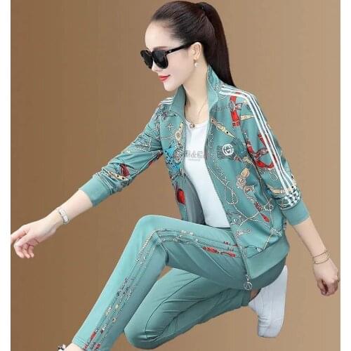 Autumn sports suit 2021 new womens fashion printing slimming casual sportswear sweater three-piece suit