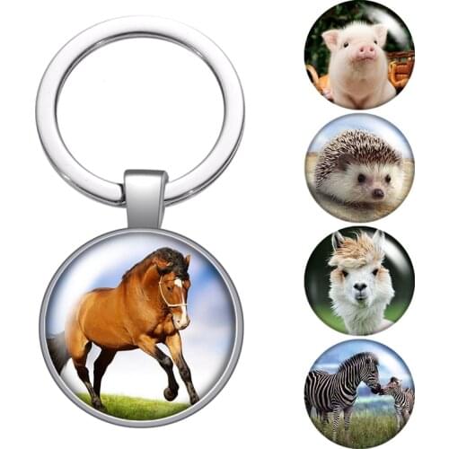 Animal Horse zebra Hedgehog glass cabochon keychain Bag Car key chain Ring Holder silver color keychains for Men Women Gifts