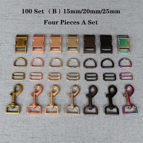 100 Set (B) 15mm/20mm/25mm Metal D Ring+Snap Hook+Adjustable+Release Buckle DIY Dog Collar and Leash Accessories 4JT7826B