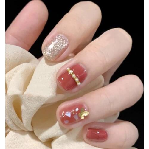 24 Pcs Red Butterfly Wear Short Paragraph Fashion Manicure Patch False Nails Glitter Press On Fake Nail Tips Nail Art Decoration