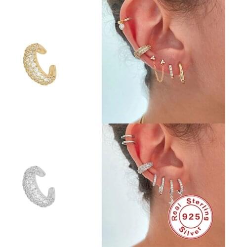 Aide 925 Sterling Silver Clear Zircon Non Piercing Clip Earrings Ear cuff For Women Wide Earring Party Rock Punk Jewelry Gift
