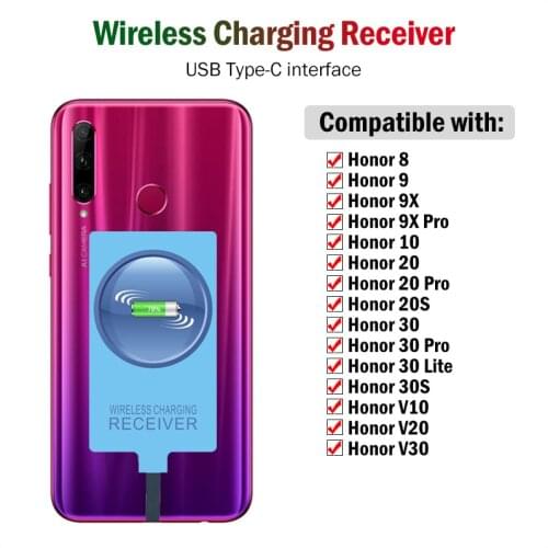 Qi Wireless Charging Receiver for Huawei Honor 8 9 9X 10 20 30 Pro Lite 20S 30S V10 V20 V30 Type-C Adapter USB C Connector
