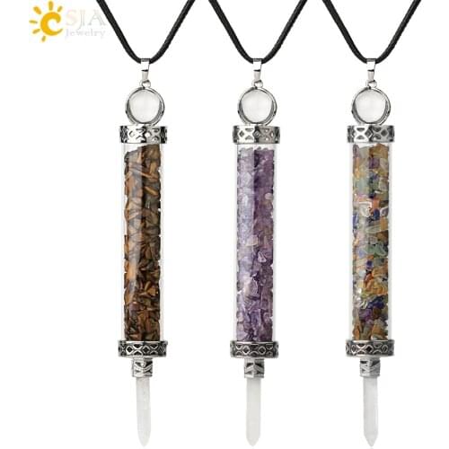 CSJA Natural Stone Wishing Bottle Pendants Necklaces Chips Bead Hexagon Point Pendulum Amulet Healing Crystal Sweater Chain G359