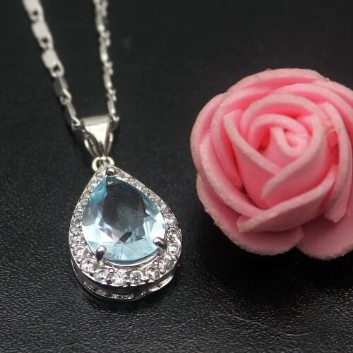 Hermosa Jewelry Silver Color Pendant With Necklace Chain Light BlueTopaz Waterdrop Fashion Jewellry-Pendants