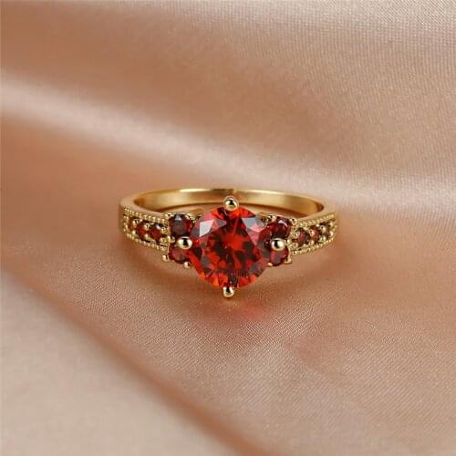Vintage Female Red Crystal Stone Jewelry Charm Gold Color Thin Wedding Rings For Women Luxury Round Zircon Engagement Ring