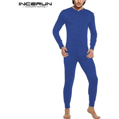 Men Sexy Onesies Jumpsuits Pajama INCERUN Autumn Long Sleeve Rompers Overalls Sleepwear Buttons Pyjamas Nightwear Mens Homewear